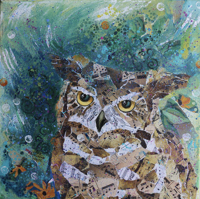 Acrylic collage of a great horned owl